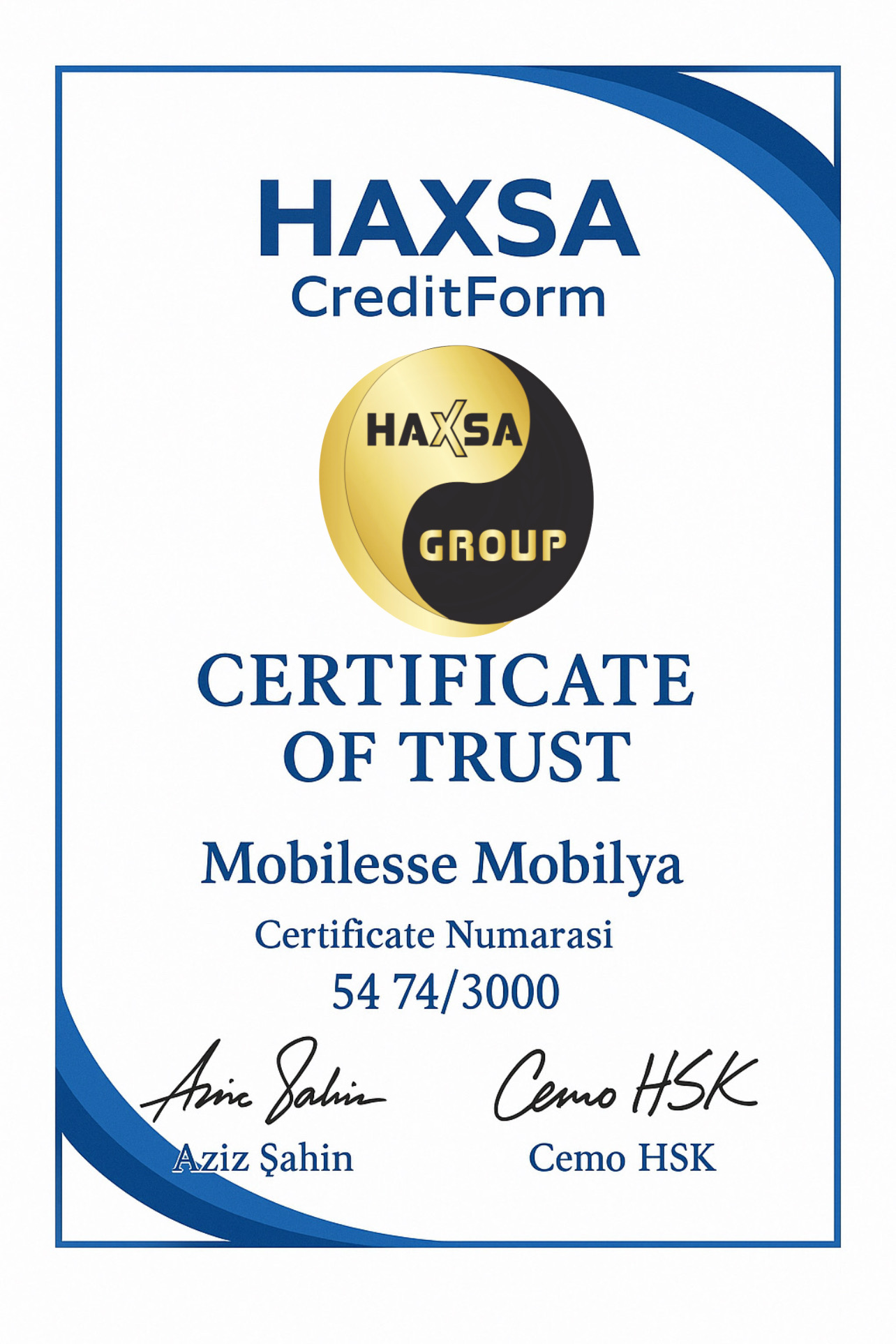 HAXSA  Certificate  Belgesi 